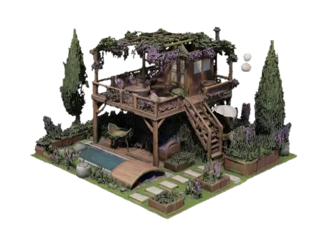 Serene Garden Retreat 3D model, vytvořený pomocí AI