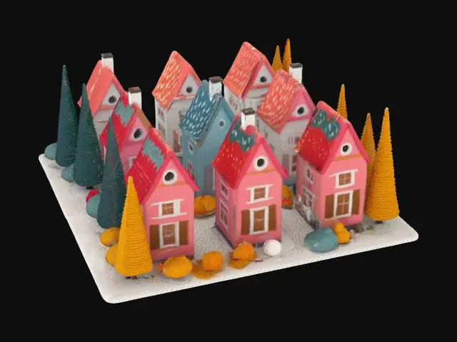 3D model for [Scandinavia] an isometric model of a knit-textured Nordic Village made from Scandinavian sweater patterns with crochet trees, #AroundTheWorld#