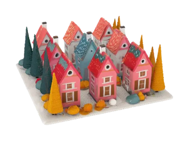 3D model for [Scandinavia] an isometric model of a knit-textured Nordic Village made from Scandinavian sweater patterns with crochet trees, #AroundTheWorld#