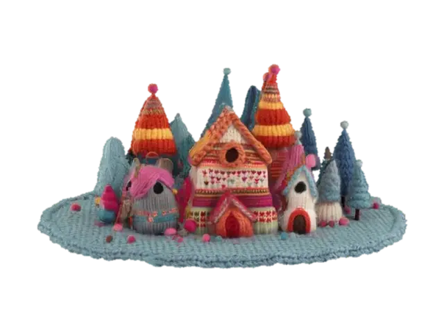 3D model for [Scandinavia] an entirely knitted-textured Nordic Village inspired by Scandinavian sweater patterns with yarn-wrapped trees, all on top of a nordic granny square, #AroundTheWorld#