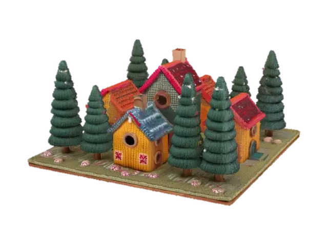 3D model for [Scandinavia] a completely knitted Nordic Village inspired by Scandinavian sweater patterns, with yarn-wrapped trees and on top of a nordic granny square, #AroundTheWorld#