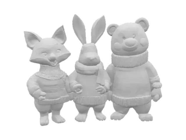 3D model for [Scandinavia], woodland animals characters wearing scandinavian sweaters building a snowman, #AroundTheWorld#