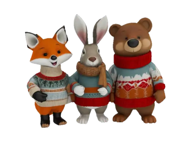 3D model for [Scandinavia], woodland animals characters wearing scandinavian sweaters building a snowman, #AroundTheWorld#