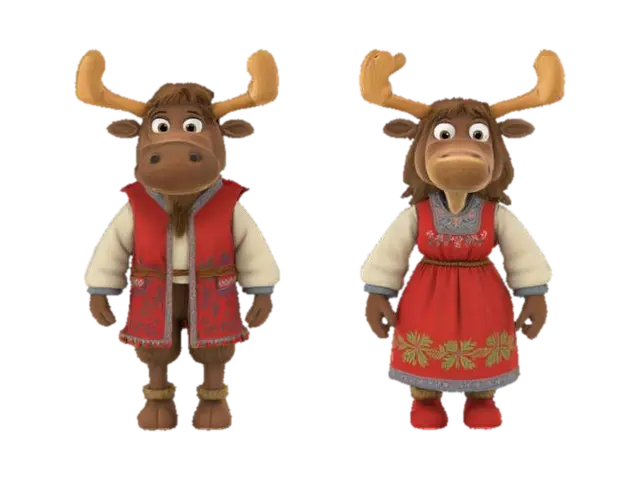 [Norway] Full Body, Moose cartoon character male and female wearing traditional…-3D-modell, genererad av AI
