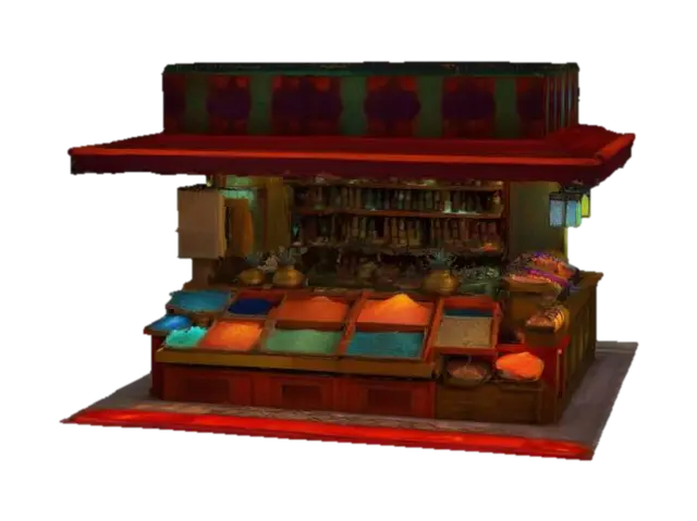 [Marrakech] a meticulously detailed Marrakech Bazaar vendor booth with… - Textiles 3D model, vytvořený pomocí AI