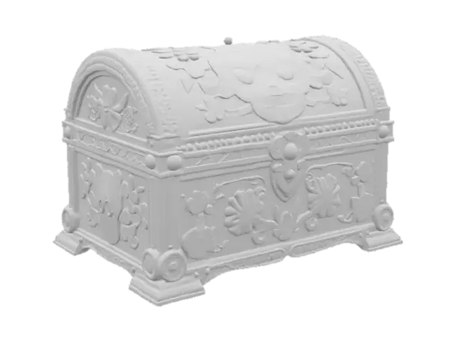 3D model for [Mexico] an ornate black Dia De Los Muertos treasure chest inlay with elaborate sugar skulls, #AroundTheWorld#