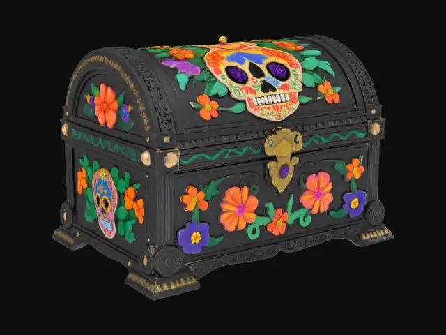 3D model for [Mexico] an ornate black Dia De Los Muertos treasure chest inlay with elaborate sugar skulls, #AroundTheWorld#