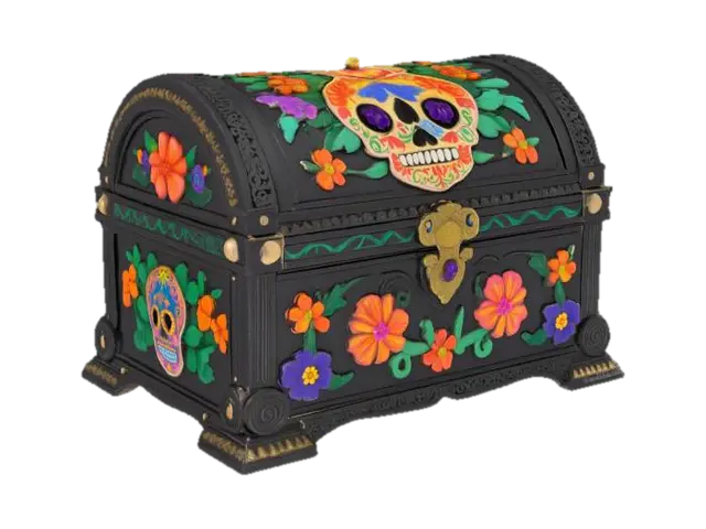 3D model for [Mexico] an ornate black Dia De Los Muertos treasure chest inlay with elaborate sugar skulls, #AroundTheWorld#