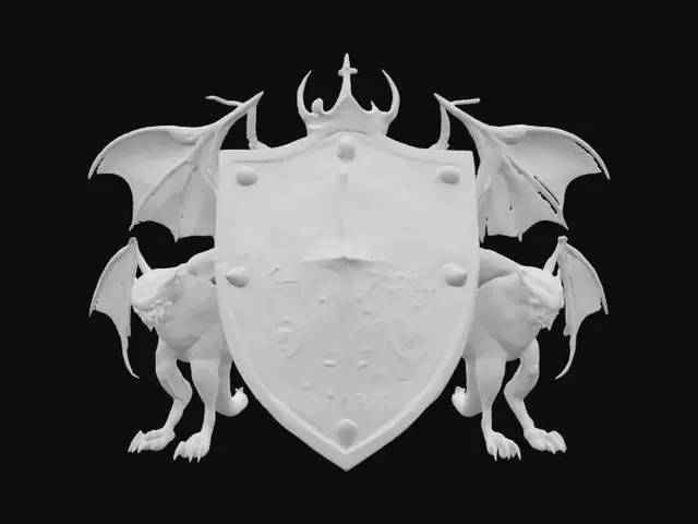 3D model for a vampiric-themed shield with a red and gold color scheme, flanked by two large gargoyle-like figures with bat wings, and a vampire armor helmet with a crown on top, exhibiting a vivid, detailed texture and intricate, gothic design elements., #emblem#