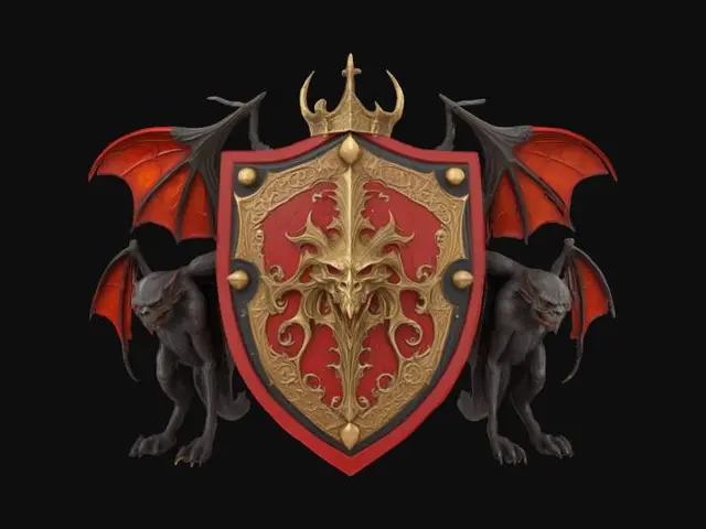 3D model for a vampiric-themed shield with a red and gold color scheme, flanked by two large gargoyle-like figures with bat wings, and a vampire armor helmet with a crown on top, exhibiting a vivid, detailed texture and intricate, gothic design elements., #emblem#