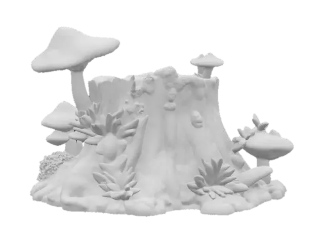 3D model for a beautiful glowing bioluminescent mossy tree stump with beautiful red spotted glowing bioluminescent mushrooms growing from a crack in its surface, blue creeping flowers, and orange shelf mushrooms, Ultra Realistic, Highly Detailed