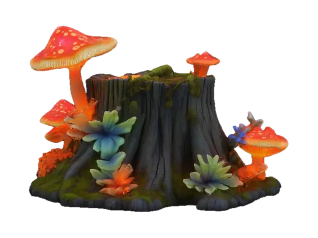 3D model for a beautiful glowing bioluminescent mossy tree stump with beautiful red spotted glowing bioluminescent mushrooms growing from a crack in its surface, blue creeping flowers, and orange shelf mushrooms, Ultra Realistic, Highly Detailed