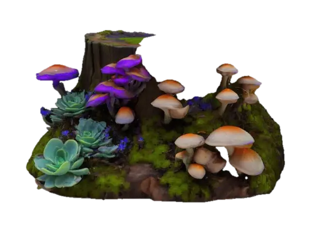 a beautiful mossy tree stump with bioluminescent violet glowing mushrooms, blue… 3D model, vytvořený pomocí AI