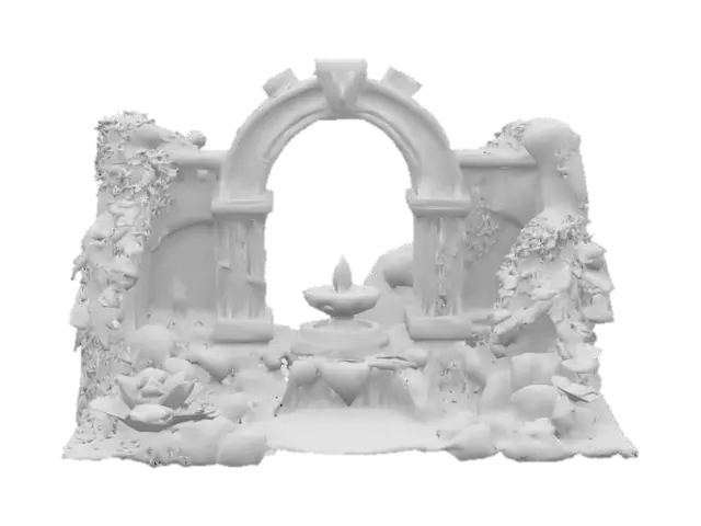3D model for a miniature ruined temple landscape fountain arch featuring a textured, stone-like structure with aged, moss-covered runes, cascading water, lush ivy and lotus plants, and a soft teal magical glow flowing up from a basin, #arch#