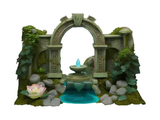 3D model for a miniature ruined temple landscape fountain arch featuring a textured, stone-like structure with aged, moss-covered runes, cascading water, lush ivy and lotus plants, and a soft teal magical glow flowing up from a basin, #arch#