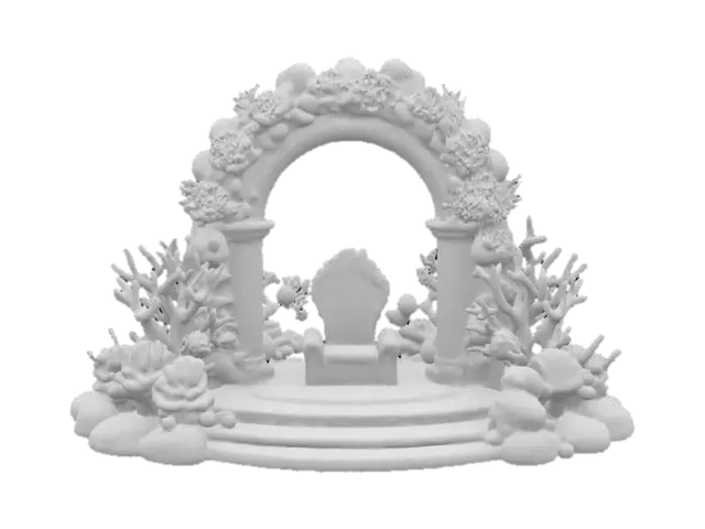 3D model for an isometric model of an underwater throne archway created by vibrant coral and realistic seashells, arched over an underwater royal throne, #arch#