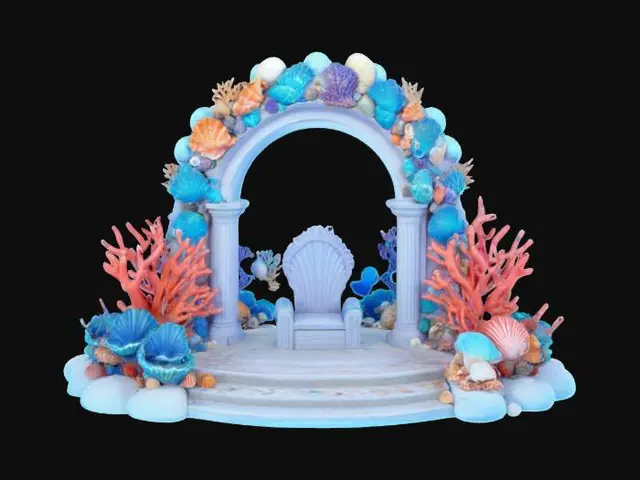 3D model for an isometric model of an underwater throne archway created by vibrant coral and realistic seashells, arched over an underwater royal throne, #arch#