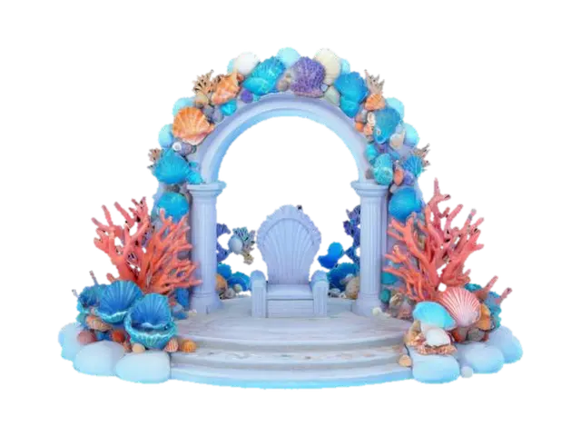 3D model for an isometric model of an underwater throne archway created by vibrant coral and realistic seashells, arched over an underwater royal throne, #arch#