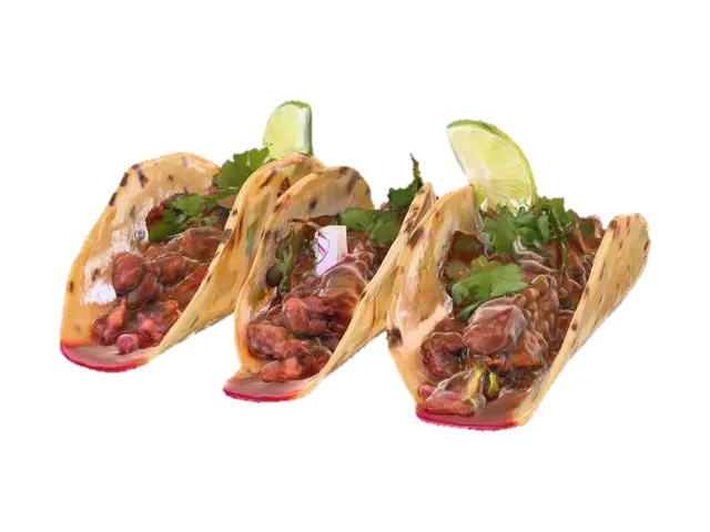 Three griddled birria tacos, edges bronze and crispy, cheese peeking out in a bubbly… - Dish 3D model, vytvořený pomocí AI
