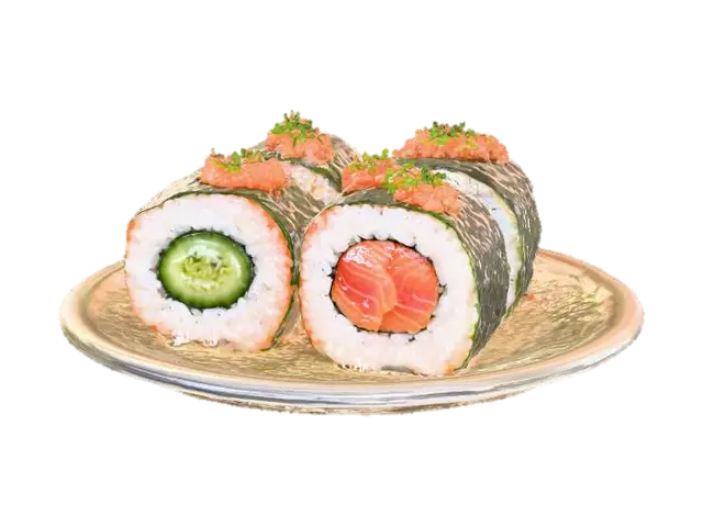Highly Detailed, Ultra Realistic, delicious sushi roll on a platter, #food# 3D model, vytvořený pomocí AI