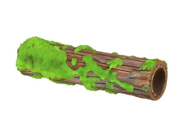 3D model for A dense, vibrant emerald green moss clump completely blankets the top surface of a fallen, decaying log. The moss conforms to the log's subtle curves, its velvety texture appearing incredibly soft and spongy. Where glimpses of the dark, porous wood peek through, it feels rough and damp. The entire clump is cool and heavily saturated, providing a lush, living cover over the ancient timber.