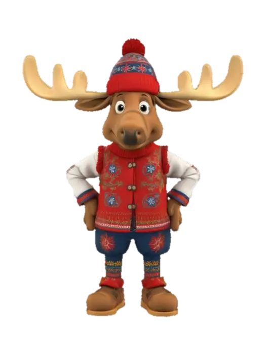 [Norway] Full Body, Moose cartoon character wearing traditional norwegian clothing,…-3D-modell, genererad av AI