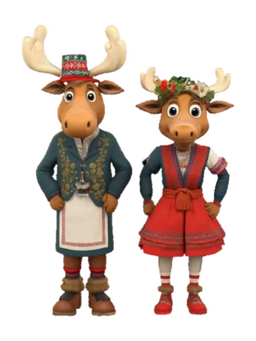 [Norway] Full Body, Moose cartoon character male and female wearing traditional…-3D-modell, genererad av AI