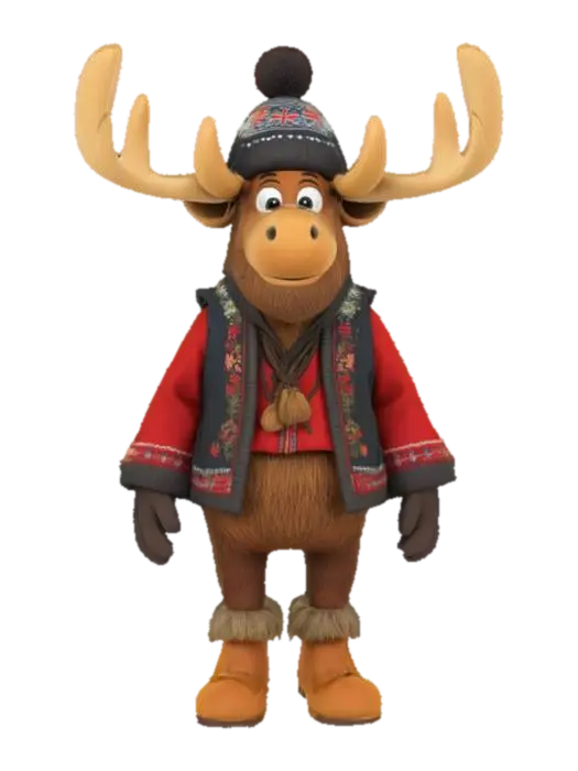 3D model for [Norway] Full Body, Moose cartoon character wearing traditional norwegian clothing, Highly Detailed,  #AroundTheWorld#