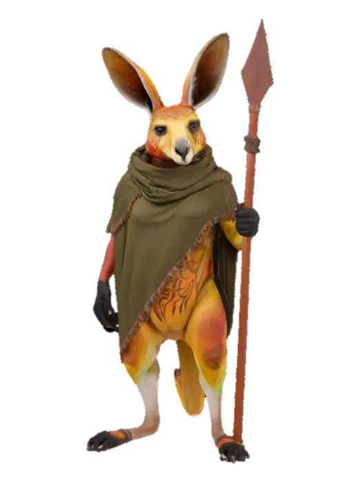 [Australia] a Kangaroo Tribal Warrior Character with Aboriginal-Inspired Body… 3D model, vytvořený pomocí AI