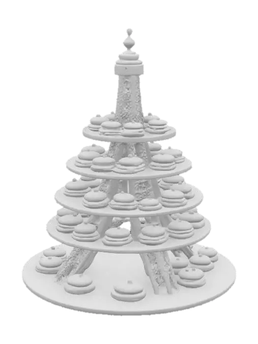 3D model for [France], Highly Detailed, Ultra Realistic, tiered French platters making the shape of the Eiffel Tower with delicious, detailed french pastries on each platter, #AroundTheWorld#