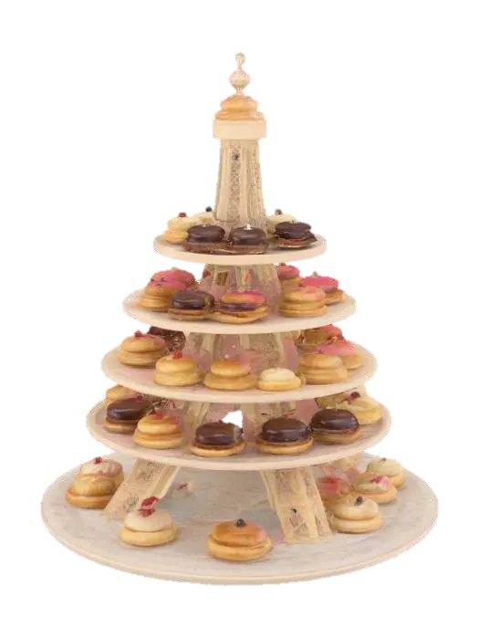 3D model for [France], Highly Detailed, Ultra Realistic, tiered French platters making the shape of the Eiffel Tower with delicious, detailed french pastries on each platter, #AroundTheWorld#