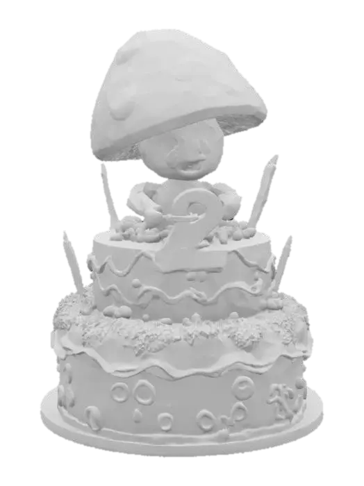3D model for a large cartoon mushroom cake topper holding a large number two candle on top of a layered cartoon birthday cake