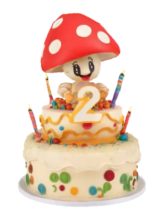 3D model for a large cartoon mushroom cake topper holding a large number two candle on top of a layered cartoon birthday cake