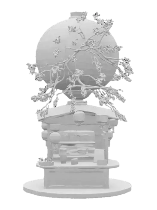 3D model for a giant glowing paper lantern converted into a noodle stand, adorned with draping blue wisteria and blooming sakura branches, featuring a beautiful koi pond with a stone path that travels through the middle of it up to the order counter