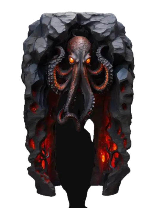 An imposing archway, carved from dark, petrified volcanic rock, featuring sharply… - Octopus 3D model, vytvořený pomocí AI