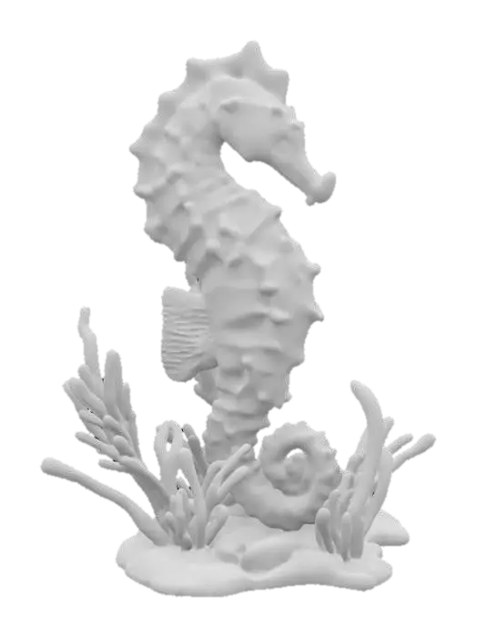 3D model for a vibrant bioluminescent seahorse among glowing bioluminescent seaweed, ultra realistic, highly detailed, #ocean#