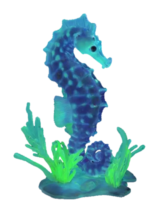3D model for a vibrant bioluminescent seahorse among glowing bioluminescent seaweed, ultra realistic, highly detailed, #ocean#