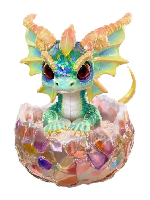 3D model for a baby dragon emerging from a rainbow crystal egg, #PBR#