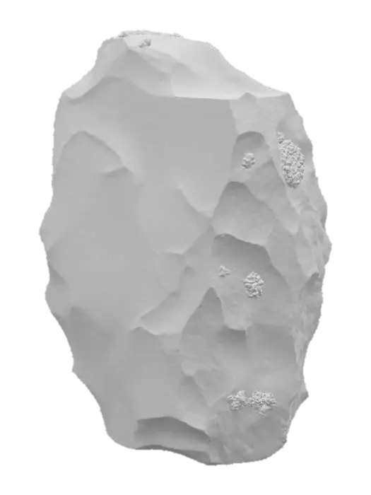 3D model for A formidable, irregularly shaped boulder of dark grey granite, its surface heavily textured with a mix of coarse rock and deep fissures. Thick, vibrant cushions of variegated mosses, ranging from deep olive green to rusty brown, cover significant portions, emphasizing its contours.