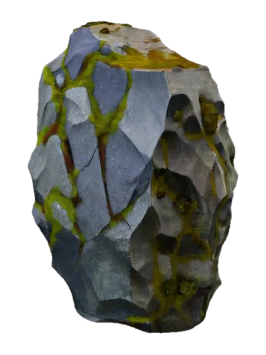 3D model for A formidable, irregularly shaped boulder of dark grey granite, its surface heavily textured with a mix of coarse rock and deep fissures. Thick, vibrant cushions of variegated mosses, ranging from deep olive green to rusty brown, cover significant portions, emphasizing its contours.