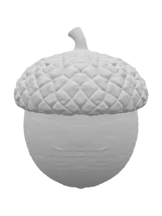 3D model for A classic acorn, plump and oval-shaped, encased in a smooth, glossy, dark reddish-brown shell that tapers to a small, pointed tip. Its rough, scaly cap, a lighter brown, snugly covers the top third, feeling dry and textured. The shell is hard and unyielding, while the cap feels brittle and slightly rough to the touch. This robust, perfectly formed seed embodies a simple, earthy charm.