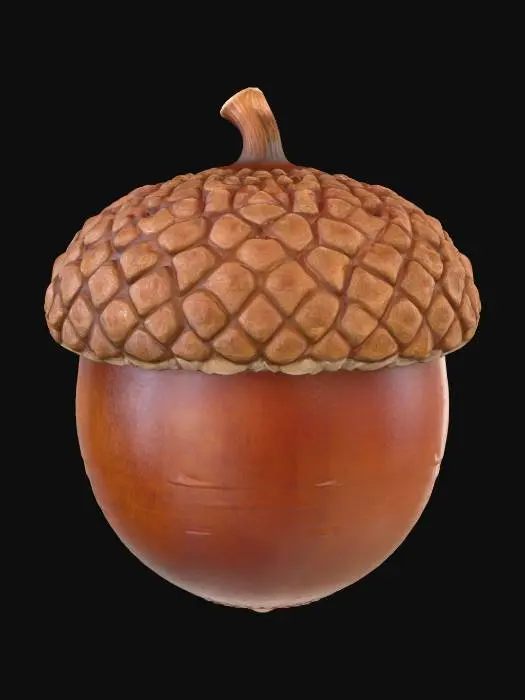 3D model for A classic acorn, plump and oval-shaped, encased in a smooth, glossy, dark reddish-brown shell that tapers to a small, pointed tip. Its rough, scaly cap, a lighter brown, snugly covers the top third, feeling dry and textured. The shell is hard and unyielding, while the cap feels brittle and slightly rough to the touch. This robust, perfectly formed seed embodies a simple, earthy charm.