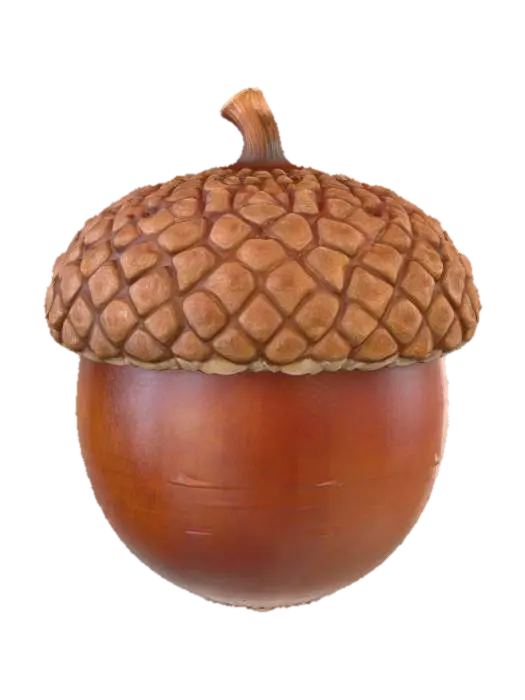 3D model for A classic acorn, plump and oval-shaped, encased in a smooth, glossy, dark reddish-brown shell that tapers to a small, pointed tip. Its rough, scaly cap, a lighter brown, snugly covers the top third, feeling dry and textured. The shell is hard and unyielding, while the cap feels brittle and slightly rough to the touch. This robust, perfectly formed seed embodies a simple, earthy charm.