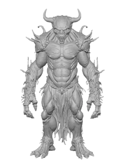 3D model for A grotesque villain with a hulking, asymmetrical physique formed from fused organic matter—dark, gnarled wood, rough, scarred flesh, and glistening chitinous plates. One arm is a massive, thorny vine, the other a claw of hardened bone. Its face is a distorted mask of pain, with one glowing green eye. The textures vary wildly, from rough bark to smooth chitin and soft flesh, feeling both firm and strangely yielding., #villain#