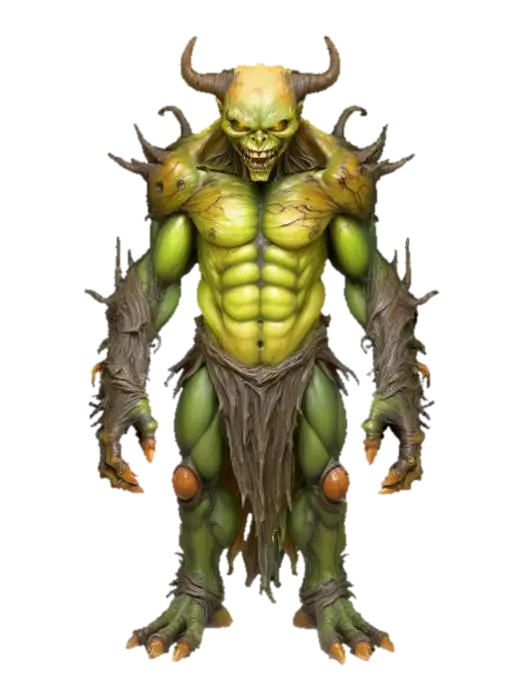 3D model for A grotesque villain with a hulking, asymmetrical physique formed from fused organic matter—dark, gnarled wood, rough, scarred flesh, and glistening chitinous plates. One arm is a massive, thorny vine, the other a claw of hardened bone. Its face is a distorted mask of pain, with one glowing green eye. The textures vary wildly, from rough bark to smooth chitin and soft flesh, feeling both firm and strangely yielding., #villain#