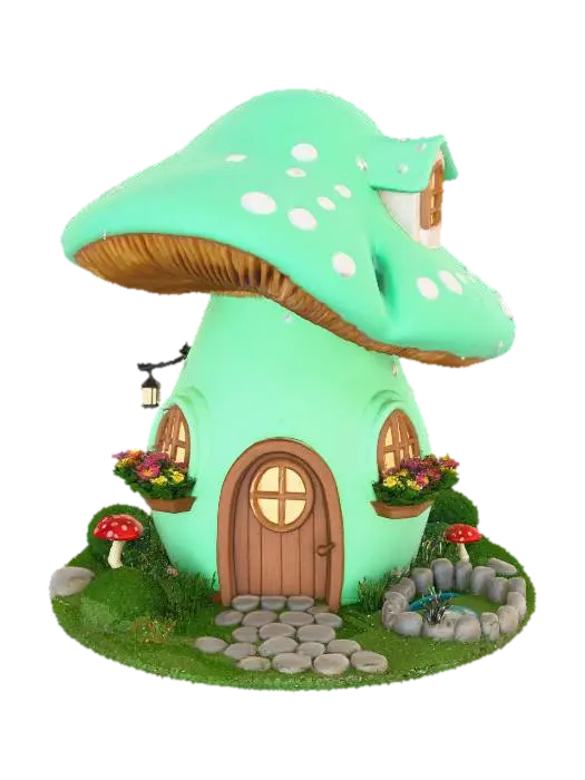 Mushroom Cottage Retreat 3D model, vytvořený pomocí AI
