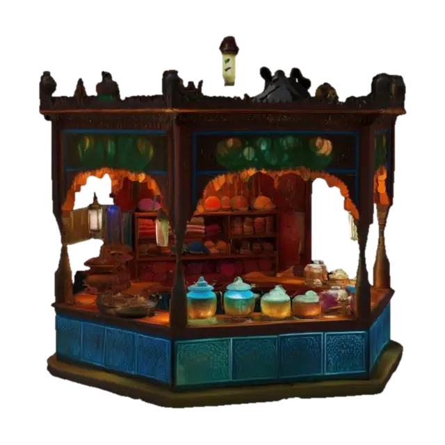 [Marrakech] a meticulously detailed Marrakech Bazaar vendor booth with… - Textiles 3D model, vytvořený pomocí AI