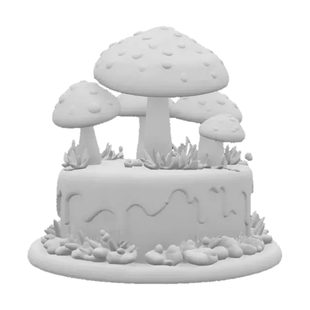 3D model for an elegant and elaborate mushroom-themed cake, ultra realistic, highly detailed