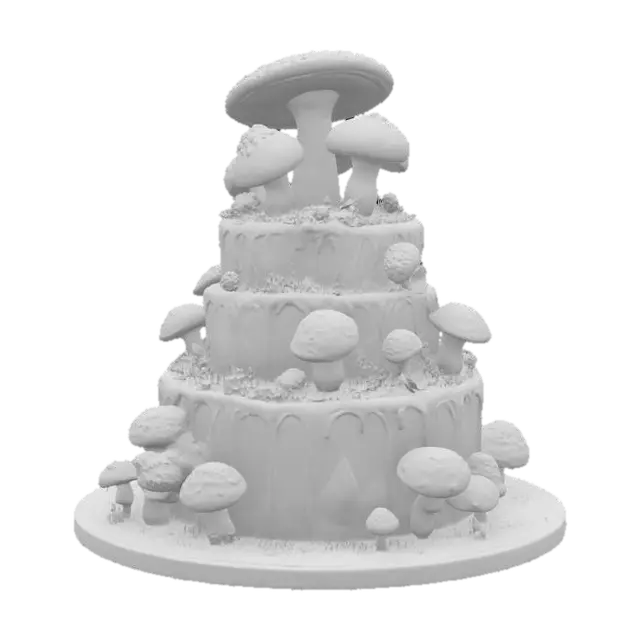 3D model for an elegant and elaborate mushroom-themed cake, ultra realistic, highly detailed