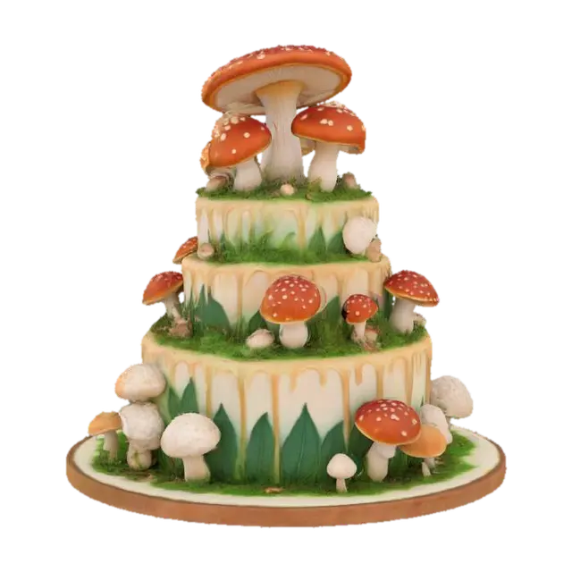 3D model for an elegant and elaborate mushroom-themed cake, ultra realistic, highly detailed